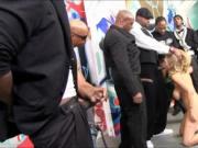 Katie Kox lined up by many black dudes that she suck an