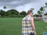 Horny twink gets banged by muscly jock outdoors