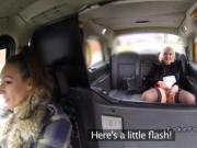 Blonde gives a flash in female fake taxi