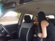 Sweet redhead hard threesome in the car