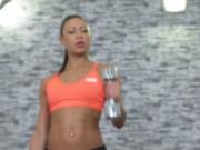 Toned and tanned lesbian fingered at gym