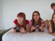 Three gamer girls sharing on one cock