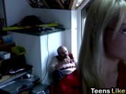 Small tit blonde teen with glasses sucks soft dick of a