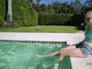 Petite blonde banged by the pool