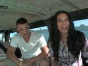 Brunette cute amateur babe riding the sex bus for a fuc