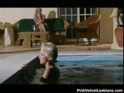 Two busty lesbians get horny in the pool and goes to be