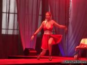 Busty blonde slut gets horny stripping in a public sex