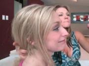 Dick starved blonde MILF giving blowjob in threesome