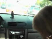 Sexy blonde teen nymph blowing horny shaft in the car