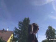 Tanned beauty sucks for cash outdoors