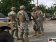 Black trooper blows two white schlongs outdoors