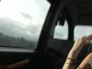 British babe gives double blowjob in cab