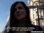 Sexy brunette babe goes crazy talking with a guy outdoo