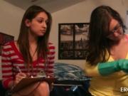 Playful college girls learning to give blowjob