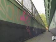 Naked Chick Walking On A Bridge