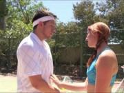 Two besties sucks off and hard fucked with tennis coach