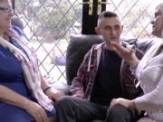 Two bigger British matures fuck a younger skinny guy