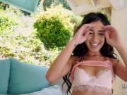 Long dark haired Latina teen bangs pov by the pool