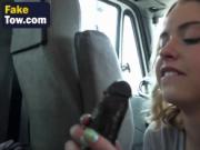 Blonde babe takes huge black schlong in tow truck