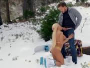 Blonde babe having sex with her bf in a snowy place