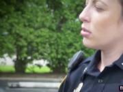 Slutty cops take long black schlong outdoors