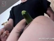 Naked asian teen gets hairy twat nailed with vegetables