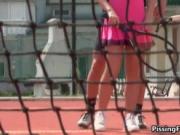Horny tennis instructor seducing this sexy clothed girl