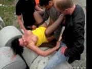 This mature hoe in yellow dress is on her back with har