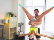 Brunette cheerleader bangs her colleague