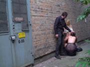Hot brunette gets double penetration in public