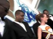 Brunette mouthfucked by several men in gangbang