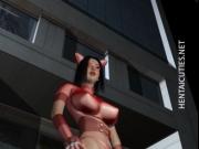 Huge titted anime catwoman gets tied up