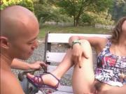 Shy Aika in the park naked on her knees giving a blowjo