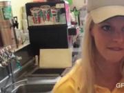 Blonde girl at work taking hard fuck from behind in POV