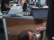 Stewardess sucks cock in public