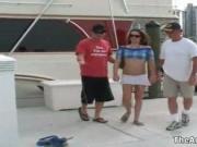 Sexy babe and two horny guys getting on this boat and t