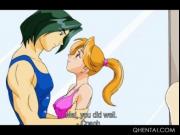 Busty hentai gymnast giving BJ to her coed gets fucked