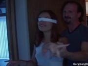 Cute brunette teen gets blindfolded so she can't see w