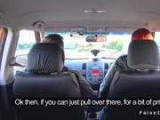 Pigtailed tattooed redhead bangs in car