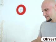Lustful brunette Brice Bardot greedily sucks his hunk b