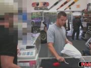 Poor guy convinced to threesome gay sex in pawn shop!