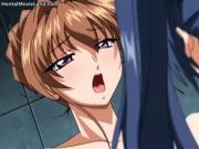 Two cute anime babes jizzed after sex in threesome by H