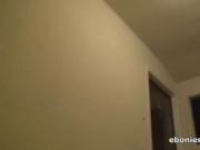 Ebony teen with huge tits blows cock