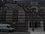 Nasty brunette slut sucks on a cock and gets her pussy