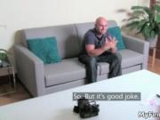 Hot bald guy is laughing at the kinky perverted questio