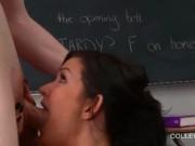 School sex siren sucking her coeds dick in classroom