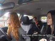 Threesome ffm fuck in fake driving school car