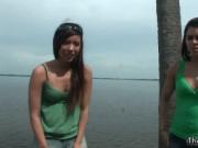 Sexy brunette babes get horny flashing their tits by Th