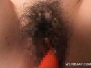 Close-up with hairy asian pussy fucked with sex toy