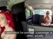 Huge tits lesbians licking in fake taxi